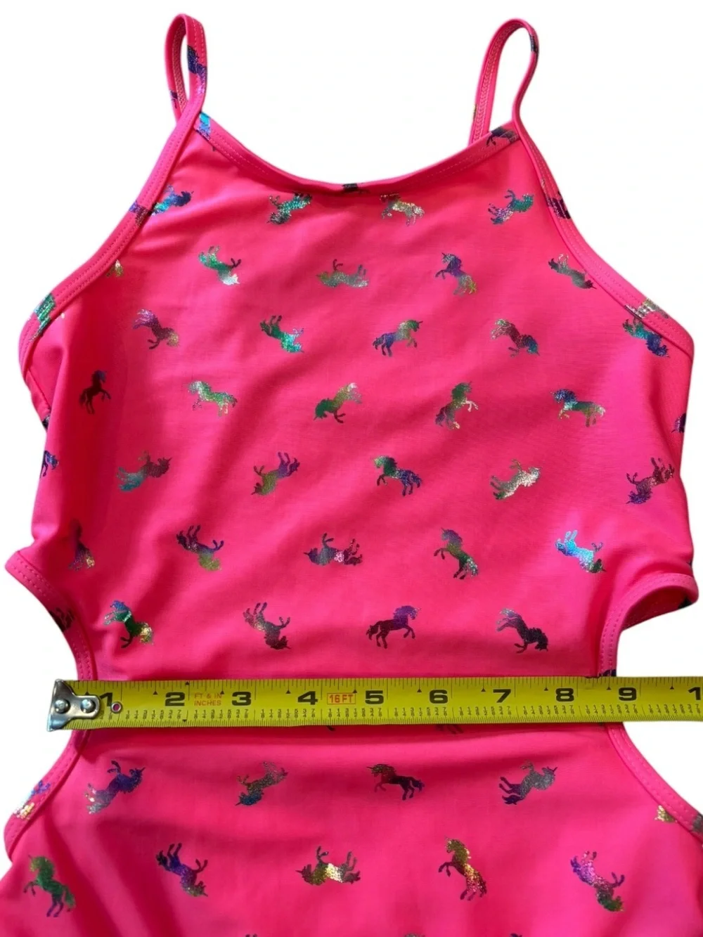Place Bright Pink Foil Unicorn Cut Out One Piece Girl’s Swimsuit Size Medium 7/8